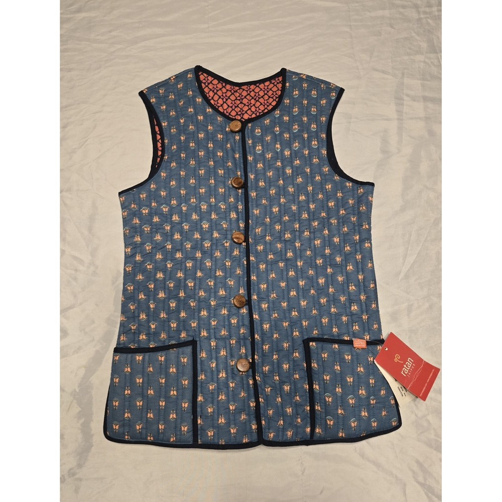 Ratan Jaipur Handmade Reversible Quilted Vest Cotton 11Y Blue Coral India Pocket